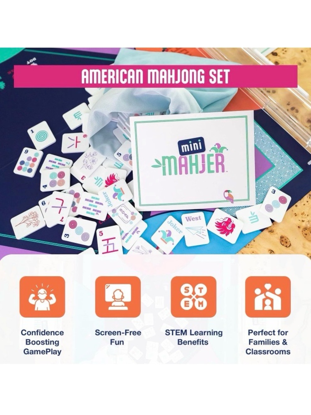 Mini Mahjer Mahjong Beginners Families American Starter Set 154 Tiles Mat READ